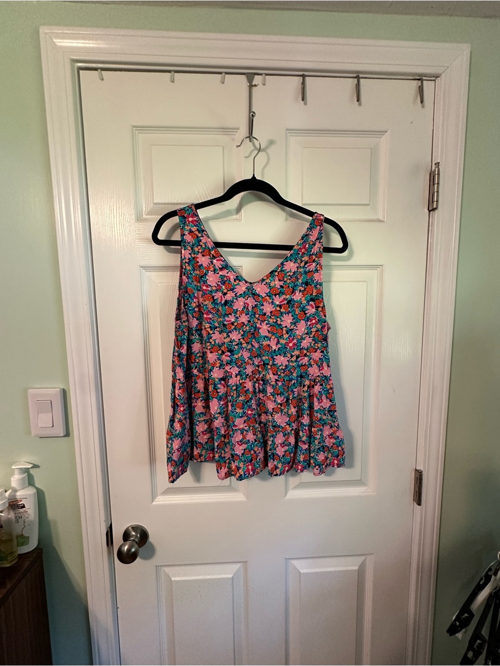 LOFT Pink and Teal Floral V-Neck Peplum Tank